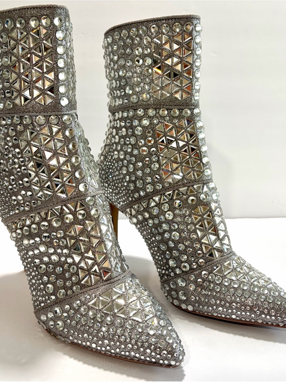 INC Stiletto Rhinestone Mirror Stud Silver Glam High Heel Boots Booties / NWT